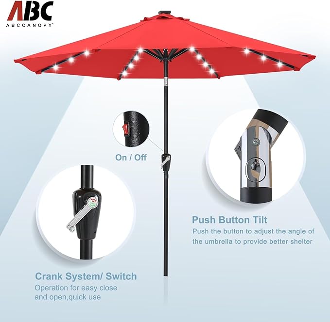 ABCCANOPY Durable Solar Led Patio Umbrellas with 32LED Lights 9FT (Red)