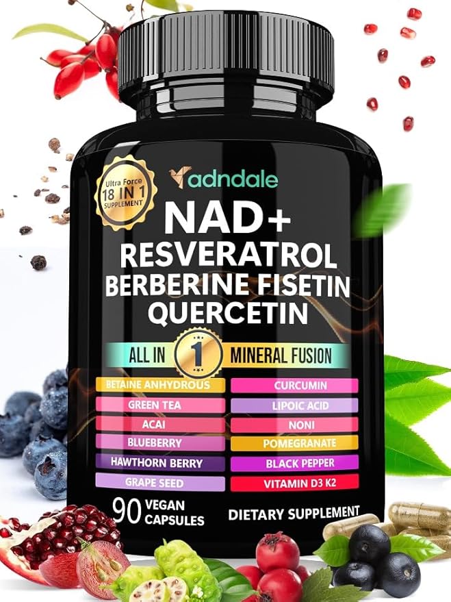 NAD Supplement. Longevity Formula with Liposomal NAD+, Trans Resveratrol, Quercetin, Berberine, Betaine Anhydrous, Grape Seed, Fisetin. NAD Resveratrol Supplement with Berberine 90 Capsules.