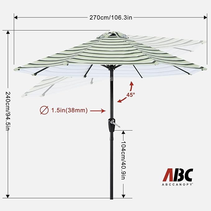 ABCCANOPY 9FT Patio Umbrella - Outdoor Waterproof Table Umbrella with Push Button Tilt and Crank, 8 Ribs UV Protection Pool Umbrella for Garden, Lawn, Deck & Backyard (Green Stripes)
