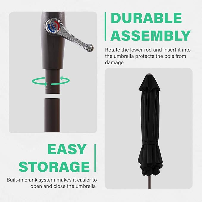 JEAREY 7.5FT Patio Umbrella Market Table Umbrella with 6 Sturdy Ribs, Push Button Tilt/Crank Outdoor Umbrella for Garden, Deck, Backyard, Pool and Beach,Black