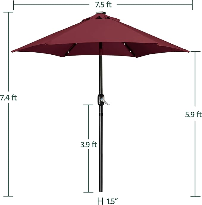 Yaheetech 7.5 ft Solar Patio Umbrella Outdoor Market Table Umbrella w/Push Button Tilt & Crank and UV Protection for Garden, Deck, Backyard, Pool and Beach, Burgungy