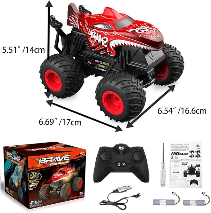 1:20 RC Car for Kids, 2.4GHz Remotes, Red Shark Monster Truck Toys, All Terrain Stunt Remote Control Car with Music, Light, 2 Rechargeable Batteries, Gifts Presents for Boys/Girls Ages 3+