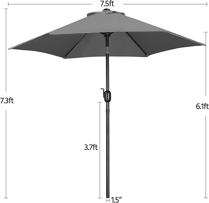 Yaheetech 7.5FT Patio Umbrella Outdoor Market Table Umbrella with 6 Sturdy Ribs, Push Button Tilt & Crank for Garden/Lawn/Deck/Backyard/Pool/Beach, Gray