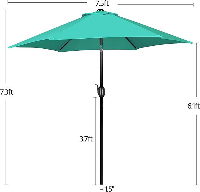 Yaheetech 7.5FT Patio Umbrella Outdoor Table Umbrella Canopy Market Umbrella with Push Button Tilt & Crank for Garden/Lawn/Deck/Backyard, 6 Ribs, Turquoise