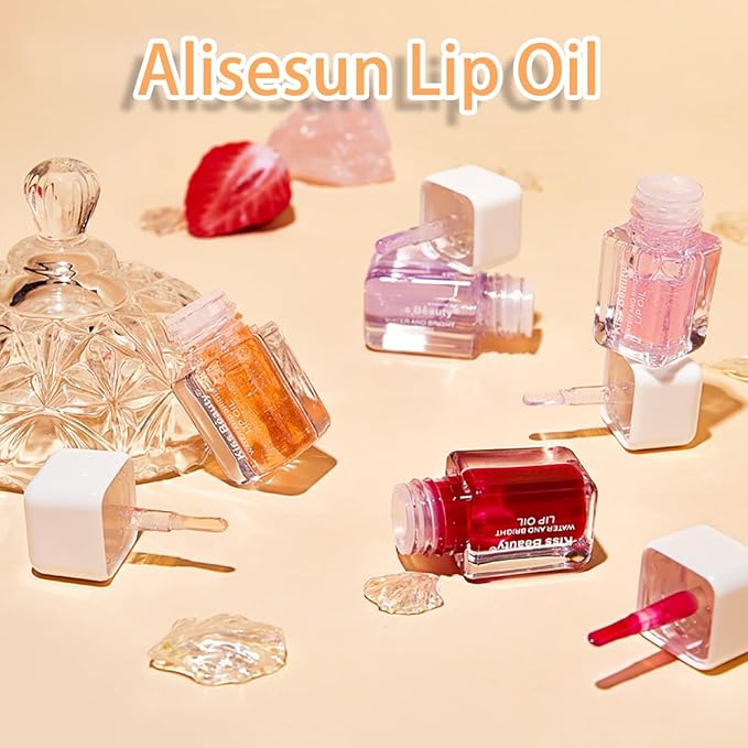 Fruit Pearlescent Plumping Lip Oil, Lip CarePearl & Shimmer Mini Lip Gloss Kit, Lip Care Hydrating Lip Gloss Tinted Lip Balm, Long Lasting & Nourishing Lip Glow Oil, Non-sticky Fresh Texture (Peach)