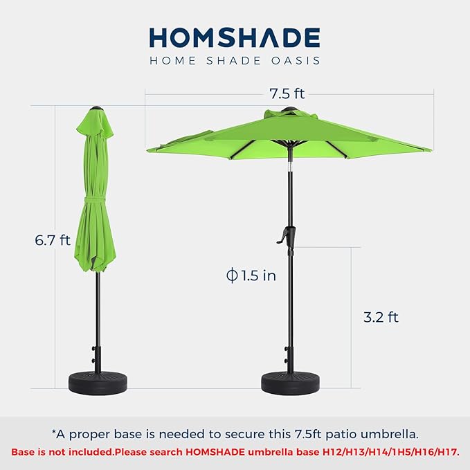 7.5ft Outdoor Patio Umbrella - Market Table Pool Deck Umbrella UPF50+ UV Protection with Push Button Tilt, Crank and 6 Sturdy Ribs (Apple Green, No base)