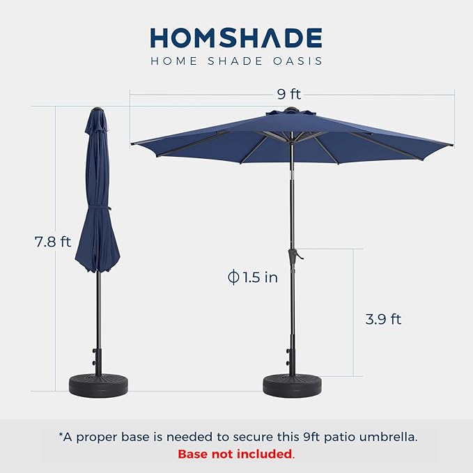 9ft Outdoor Patio Umbrella - Market Table Pool Deck Umbrella UPF50+ UV Protection with Push Button Tilt, Crank and 8 Sturdy Ribs (Navy Blue, No base)