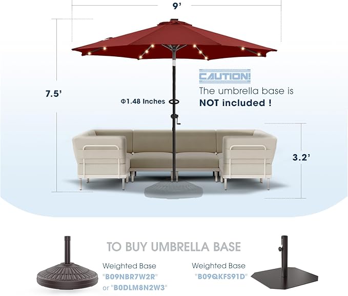 wikiwiki 9ft Solar Led Patio Umbrella, Sturdy Outdoor Market Umbrella for Deck, Pool, Garden w/Tilt, Crank, 32 LED Lights, Burgundy Red