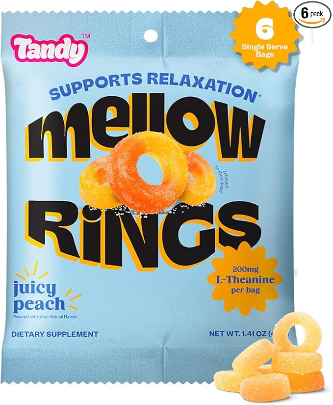 Tandy Mellow Rings L-Theanine Gummies I Relaxation Gummies with Juicy Peach Flavor I Calming Gummies for Adults I Gluten-Free Fast-Acting Dietary Supplement Gummy I 6-Pack