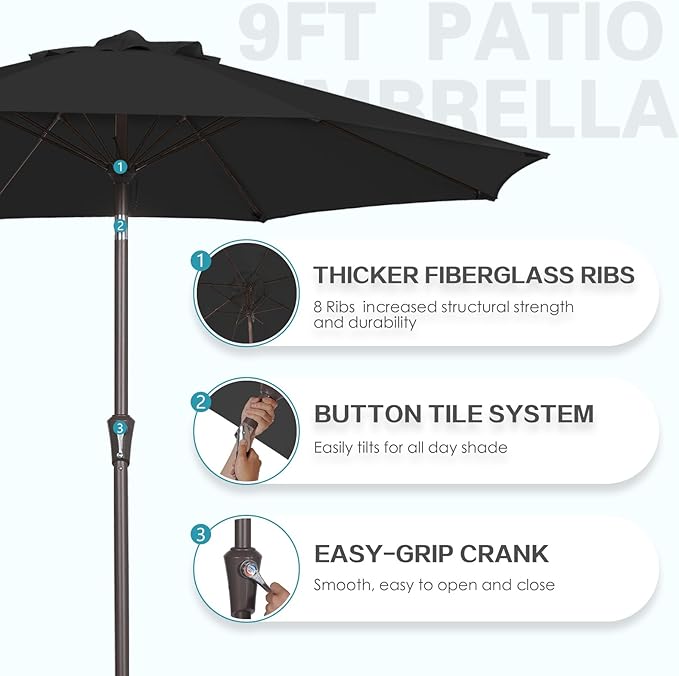 PatioKingdom 9FT Patio Outdoor Umbrella-UPF 50+ Sun Shade with Wind Vent, Push-Button Tilt & Smooth Crank Lift, Rust-Resistant Fiberglass Frame for Garden, Backyard,Yard