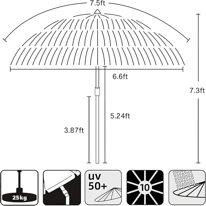 AMMSUN 7.5ft Hula Thatched Tiki Patio Beach Umbrella Hawaiian Style 10 Ribs UPF 50+ with Tilt Carry Bag for Outdoor Tiki Bar, Tropical Palapa, Patio Garden Beach Pool Backyard Pink