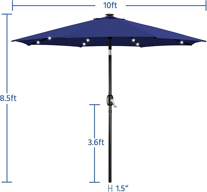 Yaheetech 10FT Solar Patio Umbrella 32 LED Lighted Table Market Umbrella with Tilt and Crank for Garden, Deck, Backyard, Pool and Beach, Navy Blue