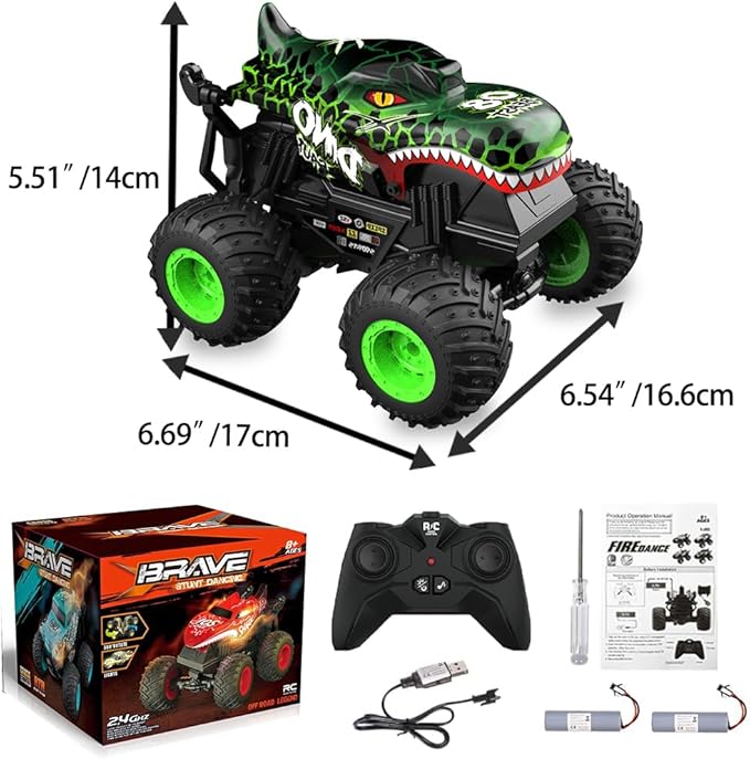 1:20 RC Car for Kids, 2.4GHz Remotes, Green Dinosaur Monster Truck Toys, All Terrain Stunt Remote Control Car with Music, Light, 2 Rechargeable Batteries, Gift Present for Boys/Girls Ages 3+