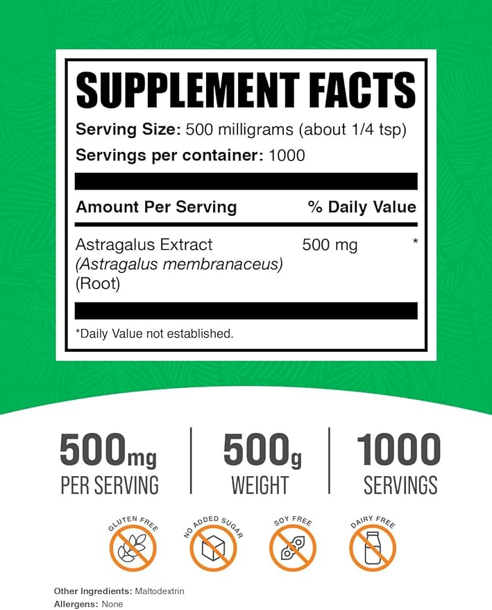 BulkSupplements.com Astragalus Extract Powder - from Astragalus Root, Astragalus Supplement - Vegan & Gluten Free, Astragalus Powder - 500mg per Serving, 500g (1.1 lbs) (Pack of 1)
