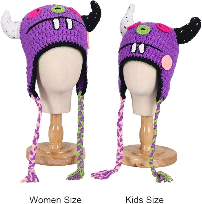 Girls Knitted Hat Women Kids Funny Monster Handmade Knitted Winter Beanie Hat with Ear Flap…
