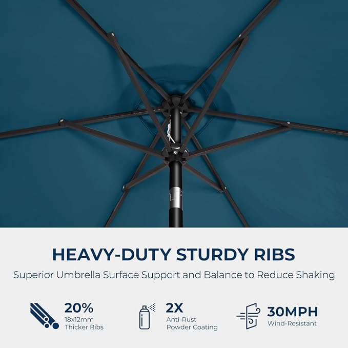7.5ft Outdoor Patio Umbrella - Market Table Pool Deck Umbrella UPF50+ UV Protection with Push Button Tilt, Crank and 6 Sturdy Ribs (Peacock Blue, No base)