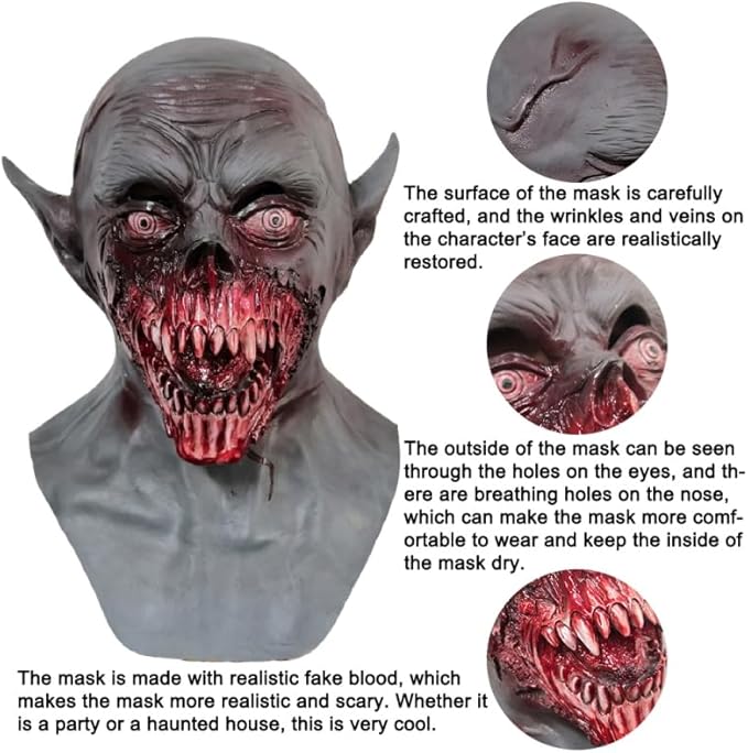 Scary Halloween Mask for Adults - Realistic Vampire Zombie Head Latex Masks Monster Costume Props Horror Cosplay & Party Helmet