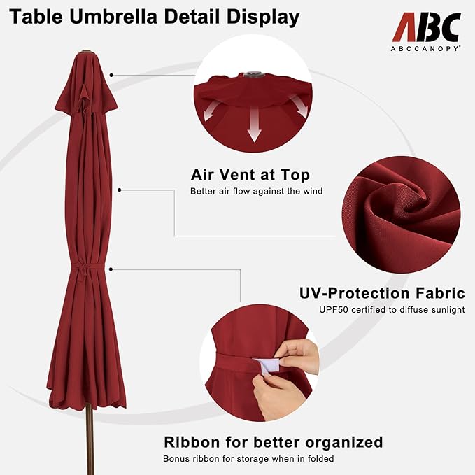 ABCCANOPY Patio Umbrella 11ft, Outdoor Table Umbrella with Push Button Tilt and Crank, 8 Ribs Umbrella for Patio Pool Garden Deck (Burgundy)