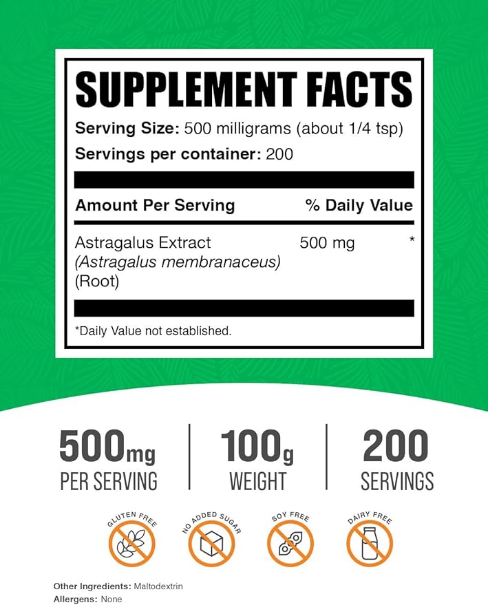 BulkSupplements.com Astragalus Extract Powder - from Astragalus Root, Astragalus Supplement - Vegan & Gluten Free, Astragalus Powder - 500mg per Serving, 100g (3.5 oz) (Pack of 1)