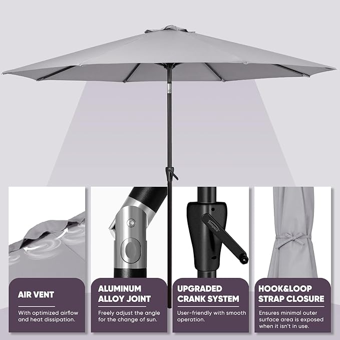 Tempera Patio Market Outdoor Table Umbrella with Push Button Tilt and Crank,Large Sun Umbrella with Sturdy Pole&Fade resistant canopy,Easy to set