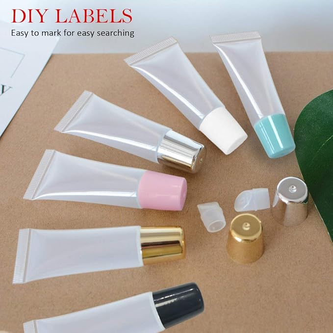 AMORIX 50PCS Matte Silver Lip Gloss Tubes 10ml Empty Lip Gloss Containers Lip Balm Tubes Refillable Cosmetic Squeeze Tubes for Lip Gloss Base Glitter with 2 x Syringes + 28pcs Tag Labels Stickers