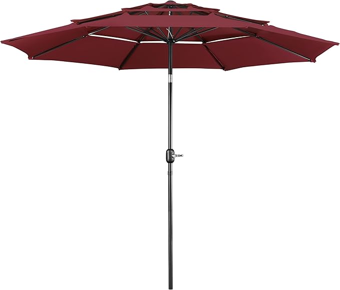 Yaheetech 3 Tier Patio Umbrella 10ft Vented Outdoor Large Market Table Umbrella with 8 Sturdy Ribs & 1.5" Umbrellla Pole, Double-layer Cloth & Push-button Tilting & Crank for Pool/Garden/Lawn Burgundy
