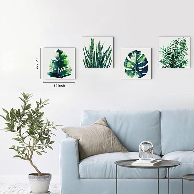 Boho Tropical Wall Art Bathroom Decor Green Plant Pictures Wall Decor for Living Room Minimalist Botanical Leaf Canvas Artworks Kitchen Sage Monstera Framed Poster Bedroom Home Decorations 12x12" 4Pcs