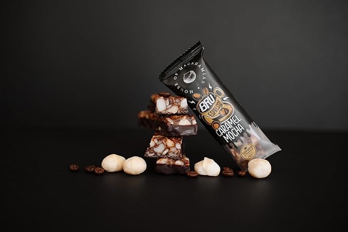 House of Macadamias BRU Bar, 50 mg Caffeine per bar, Espresso, Sugar Free, Caramel Mocha, Plant Based, Keto, Low Carb, Vegan, Paleo, Dairy free, Gluten-free, 12 x 1.4oz