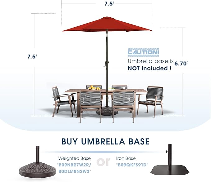wikiwiki 7.5 FT Patio Umbrellas Outdoor Table Market Umbrella with Push Button Tilt/Crank, 6 Sturdy Ribs, Fade Resistant Waterproof POLYESTER DTY Canopy for Garden, Lawn, Deck, Backyard & Pool, Red
