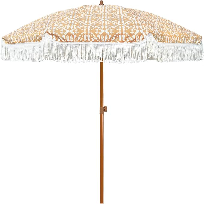 AMMSUN 7ft Patio Umbrella with Fringe Outdoor Tassel Umbrella UPF50+ Premium Steel Pole and Ribs Push Button Tilt, Retro Bohemian