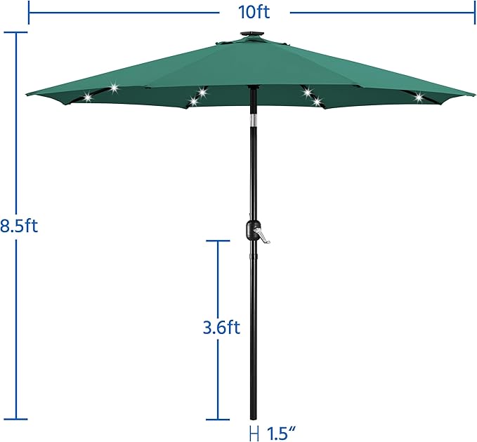 Yaheetech 10FT LED Lighted Patio Umbrella, Outdoor Solar Table Umbrella with 8 Ribs/Tilt Adjustment and Crank Lift System for Garden/Deck/Pool, Dark Green