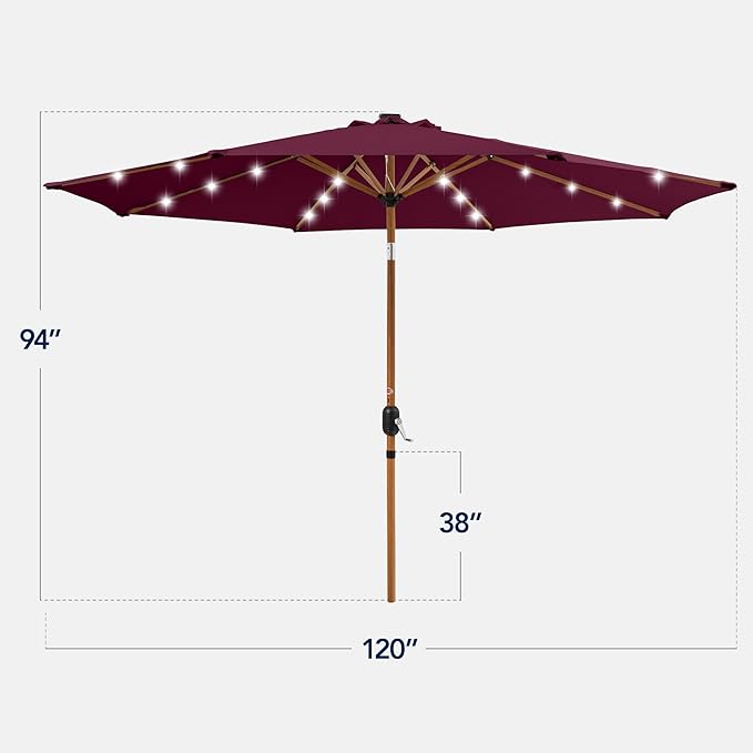 Best Choice Products 10ft Solar Market Patio Umbrella w/Woodgrain Pattern Pole, LED Lights, Tilt & Crank – Outdoor Sun Shade for Backyard Table, Deck, Poolside – Burgundy
