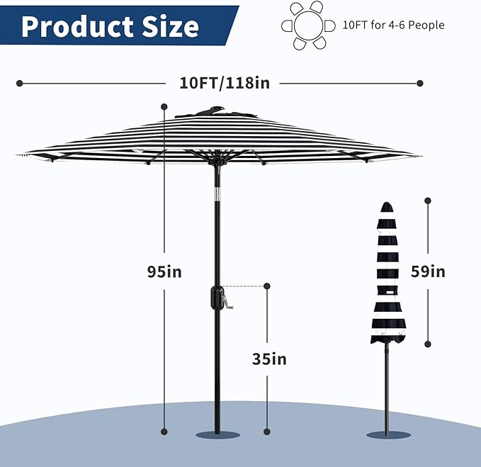9Ft Patio Umbrella - 8 Sturdy Ribs Outdoor Table Umbrella with Crank Lift & Push Button Tilt - Market Umbrella for Pool, Deck, Yard, Garden - Black & White Stripe