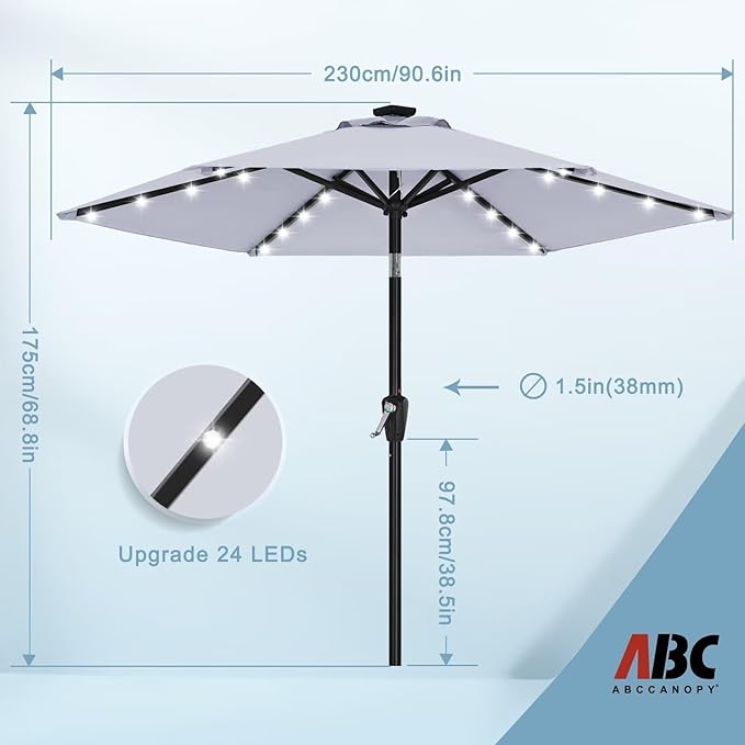 ABCCANOPY Durable Solar Led Patio Umbrellas with 24LED Lights 7.5FT with 6 Sturdy Ribs (Fog Gray)