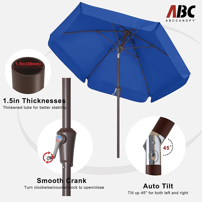 ABCCANOPY Patio Umbrella 7.5ft, Outdoor Table Umbrella with Push Button Tilt and Crank, 6 Ribs Umbrella for Patio Pool Garden Deck (Blue)