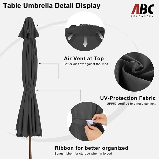 ABCCANOPY Patio Umbrella 9ft, Outdoor Table Umbrella with Push Button Tilt and Crank, 8 Ribs Umbrella for Patio Pool Garden Deck (Dark Gray)