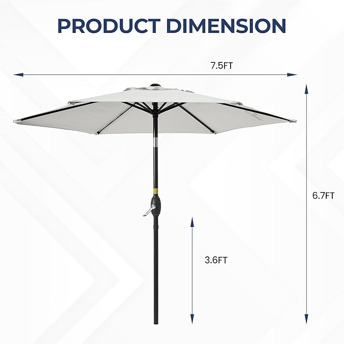 SUNVIVI OUTDOOR 7.5' Outdoor Patio Umbrella, Patio Umbrella, Market Umbrella, Metal Pole Umbrella with Push Button Tilt and Crank, 6 Ribs, Polyester Canopy