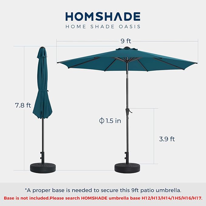 9ft Outdoor Patio Umbrella - Market Table Pool Deck Umbrella UPF50+ UV Protection with Push Button Tilt, Crank and 8 Sturdy Ribs (Peacock Blue, No base)