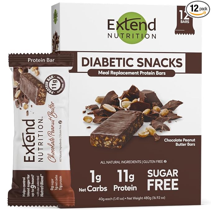 Extend Sugar Free Protein Bars, Perfect Diabetic Snacks, High Protein and Fiber, Hunger Control & Steady Energy, Low Carb, Keto Friendly, Chocolate Peanut Butter, 12 Count