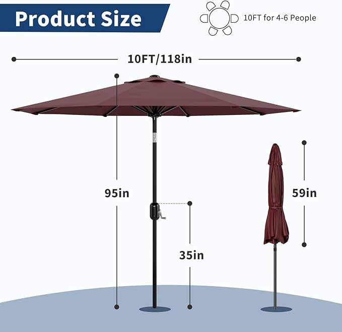 9Ft Patio Umbrella - 8 Sturdy Ribs Outdoor Table Umbrella with Crank Lift & Push Button Tilt - Market Umbrella for Pool, Deck, Yard, Garden - Dark Red
