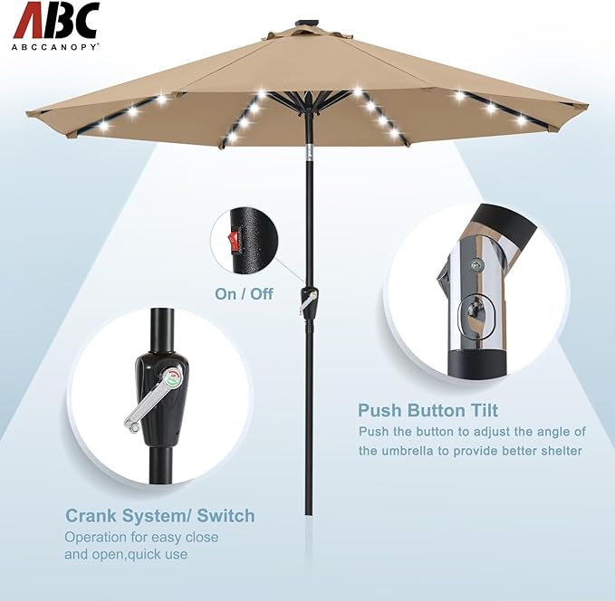 ABCCANOPY Durable Solar Led Patio Umbrellas with 32LED Lights 9FT (khaki)