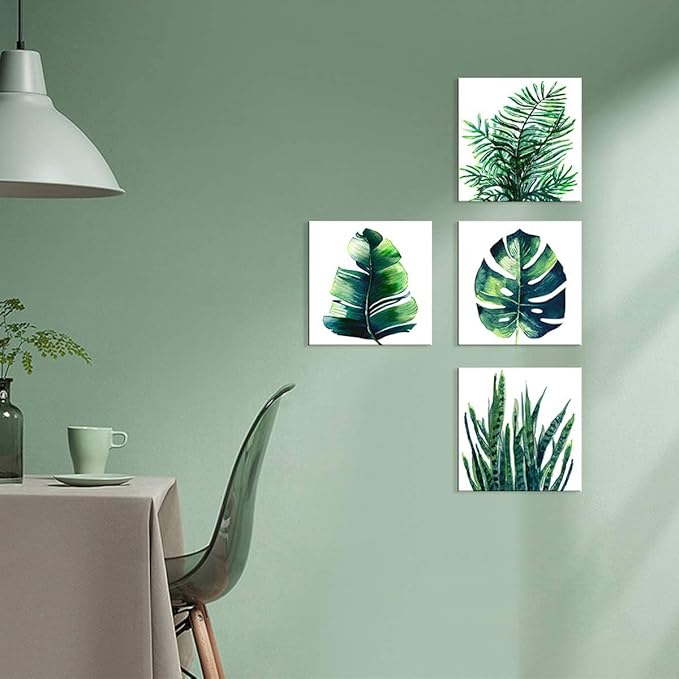 Boho Wall Art Bathroom Decor Botanical Green Plant Canvas Prints Picture Bedroom Apartment Kitchen Home Decoration 4Pcs/Sets 14 x 14" Tropical Leaf Monstera Minimalist Aesthetic Framed Poster Artwork
