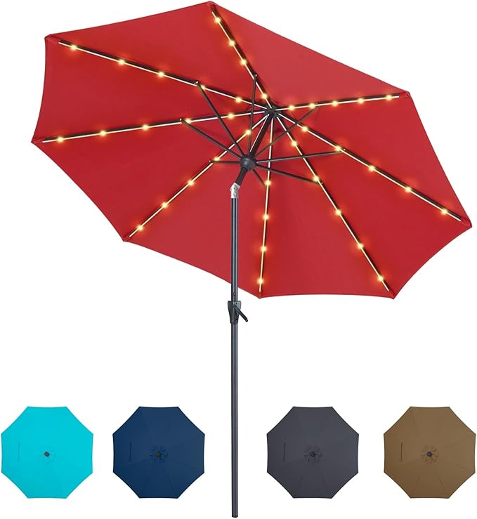 Tempera Solar Patio Umbrella 40 LED Lighted Outdoor Umbrella Table Market Umbrella with Push Button Tilt and Crank, Solar Umbrella with Sturdy Pole&Fade Resistant Canopy, Easy to Set