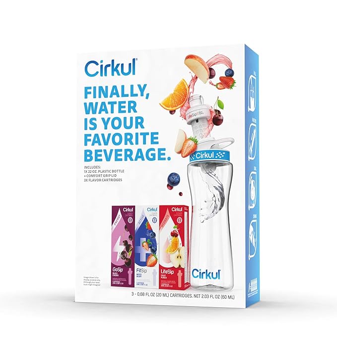 Cirkul 22oz. BPA-Free Plastic Water Bottle Starter Kit with Blue Lid, 3 Flavor Cartridges (1 LifeSip Fruit Punch, 1 FitSip Mixed Berry, 1 GoSip Black Cherry) Zero Calories and No Sugar