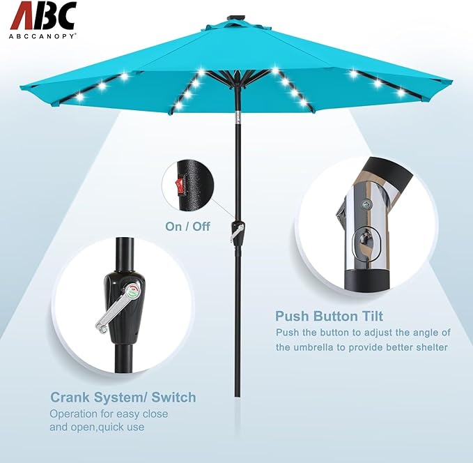 ABCCANOPY Durable Solar Led Patio Umbrellas with 32LED Lights 9FT (Turquoise)