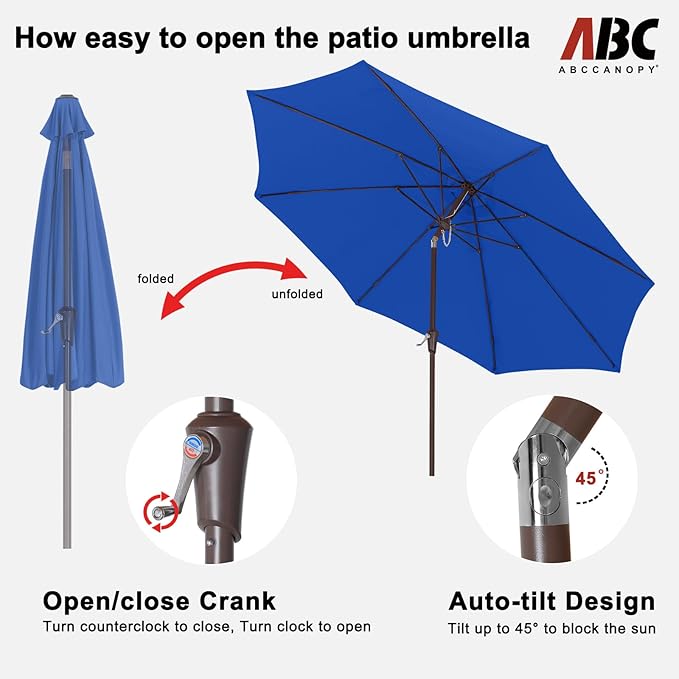 ABCCANOPY 9FT Outdoor Patio Umbrella, 8 Ribs Table Umbrella w/Crank for Easy Set Up, Suitable for Garden, Lawn, Deck & Backyard (Blue)