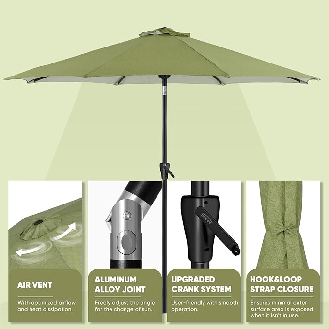 Tempera Patio Market Outdoor Table Umbrella with Push Button Tilt and Crank,Large Sun Umbrella with Sturdy Pole&Fade resistant canopy,Easy to set