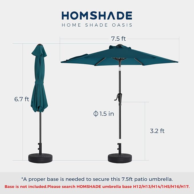 7.5ft Outdoor Patio Umbrella - Market Table Pool Deck Umbrella UPF50+ UV Protection with Push Button Tilt, Crank and 6 Sturdy Ribs (Peacock Blue, No base)