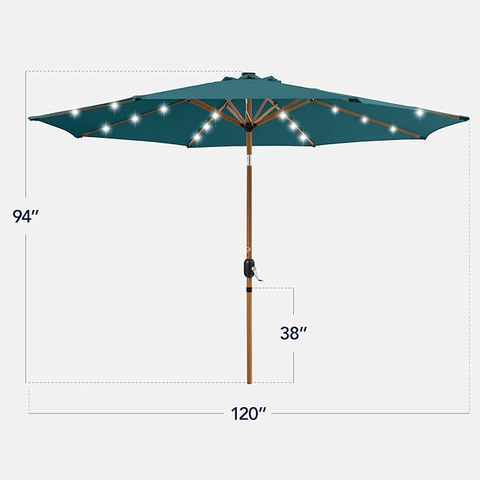 Best Choice Products 10ft Solar Market Patio Umbrella w/Woodgrain Pattern Pole, LED Lights, Tilt & Crank – Outdoor Sun Shade for Backyard Table, Deck, Poolside – Cerulean