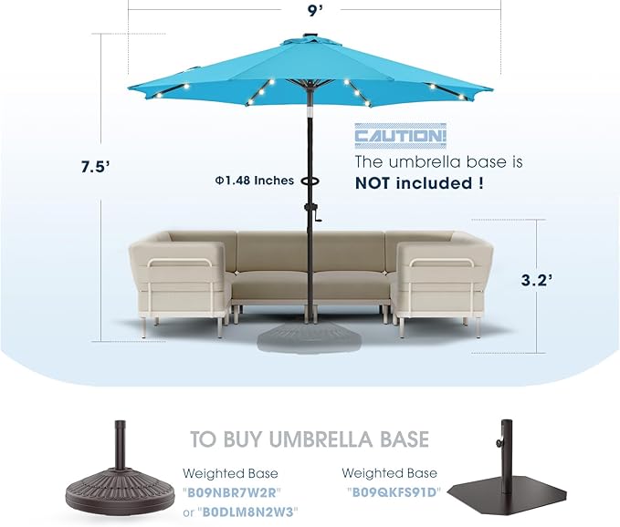 wikiwiki 9ft Solar Led Patio Umbrella, Sturdy Outdoor Market Umbrella for Deck, Pool, Garden w/Tilt, Crank, 32 LED Lights, Sky Blue